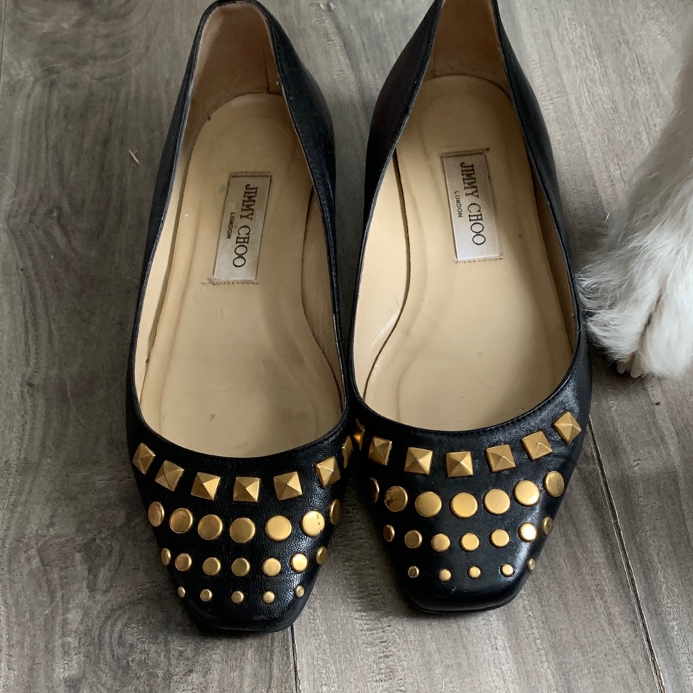 Jimmy Choo Black Flats with Gold Studs